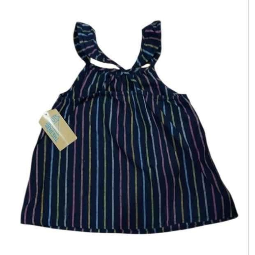 NWT Girl's Thereabouts navy stripe Linen Blend flutter sleeve smock tank top - Picture 3 of 5